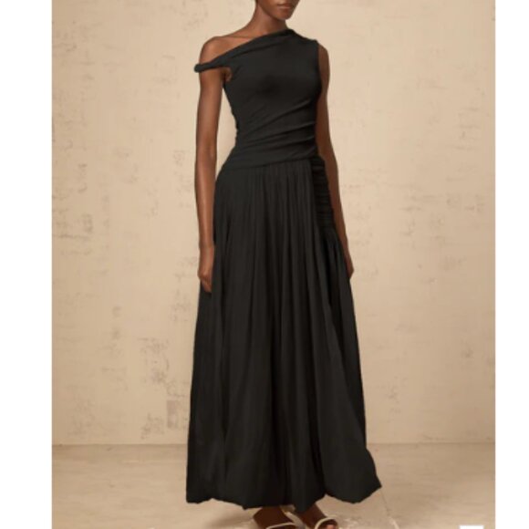 Miss Rosier Dresses & Skirts - Miss Rosier Eugenie Mono-Shoulder Shirred-Panel Maxi Dress in Black Size S NWT
